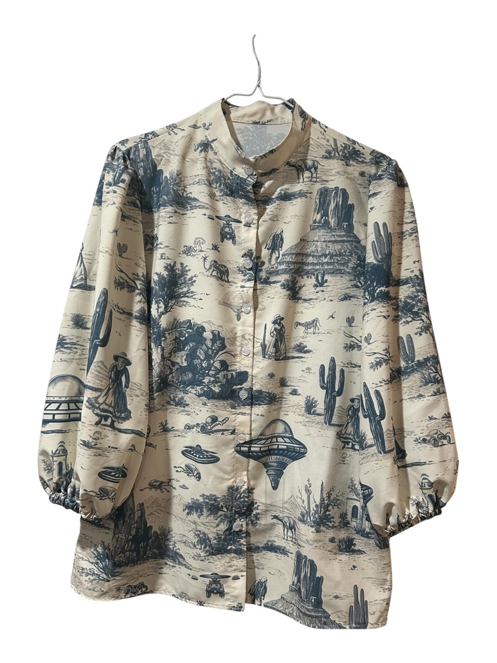 Women’s Beige UFO Western Print Button Down Shirt